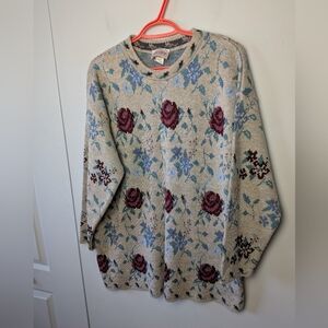 GRACE Vintage 90' Women Crewneck 3/4 Sleeves Roses Floral Pattern Loose Fit